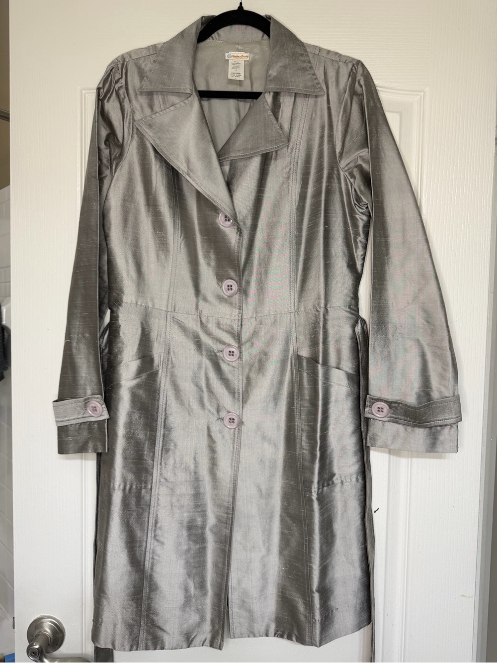 Vintage Silk Dupioni Belted Trench Coat Sz L Silver Taupe Shimmer Made in USA - Picture 1 of 10
